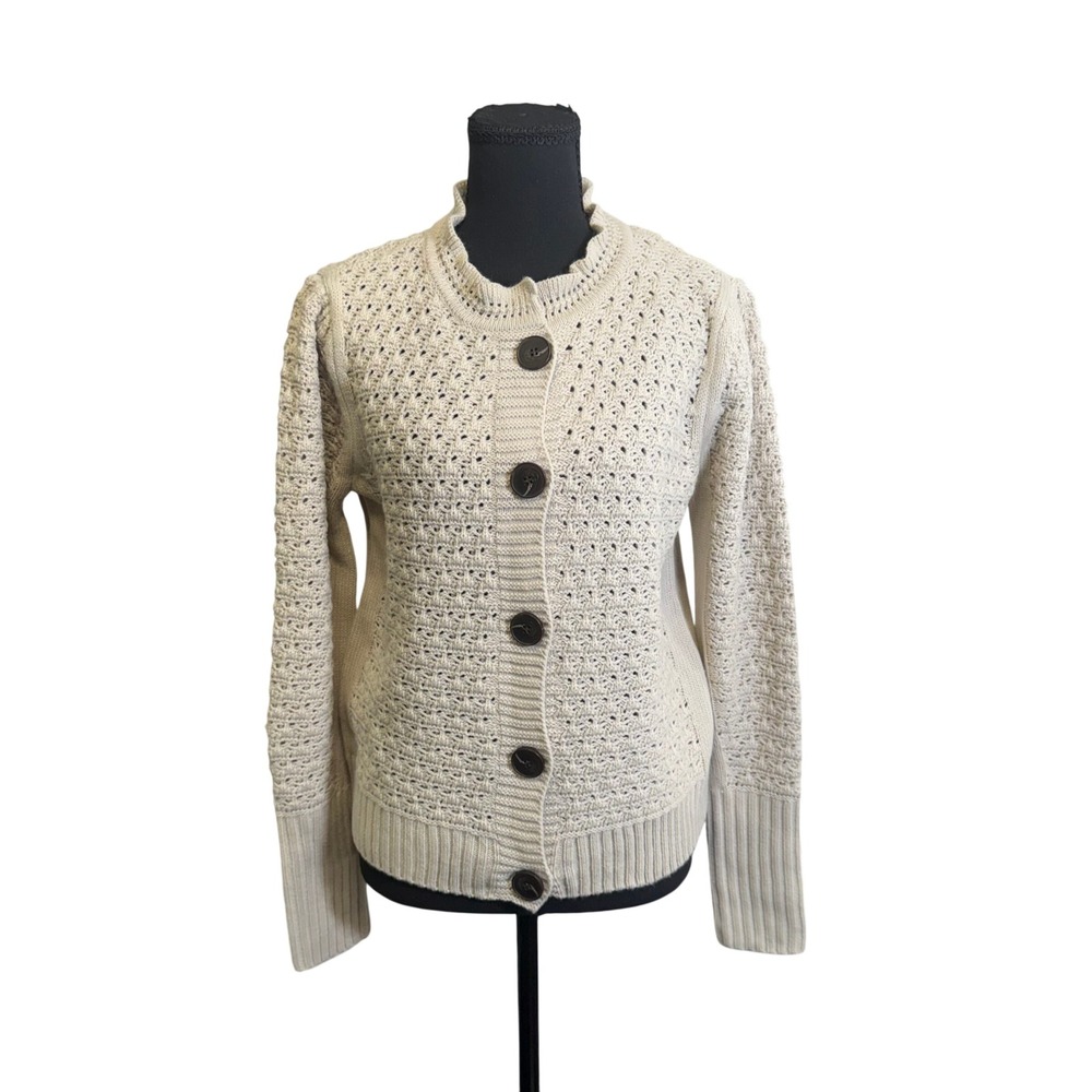 Architect Cardigan Women PM Beige NWT Pointelle Ruffle Neck Button Down SS50353P